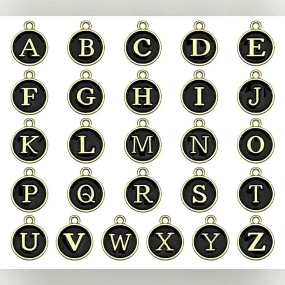 Initial Charm Earrings Black and Gold - Picture 2 of 3